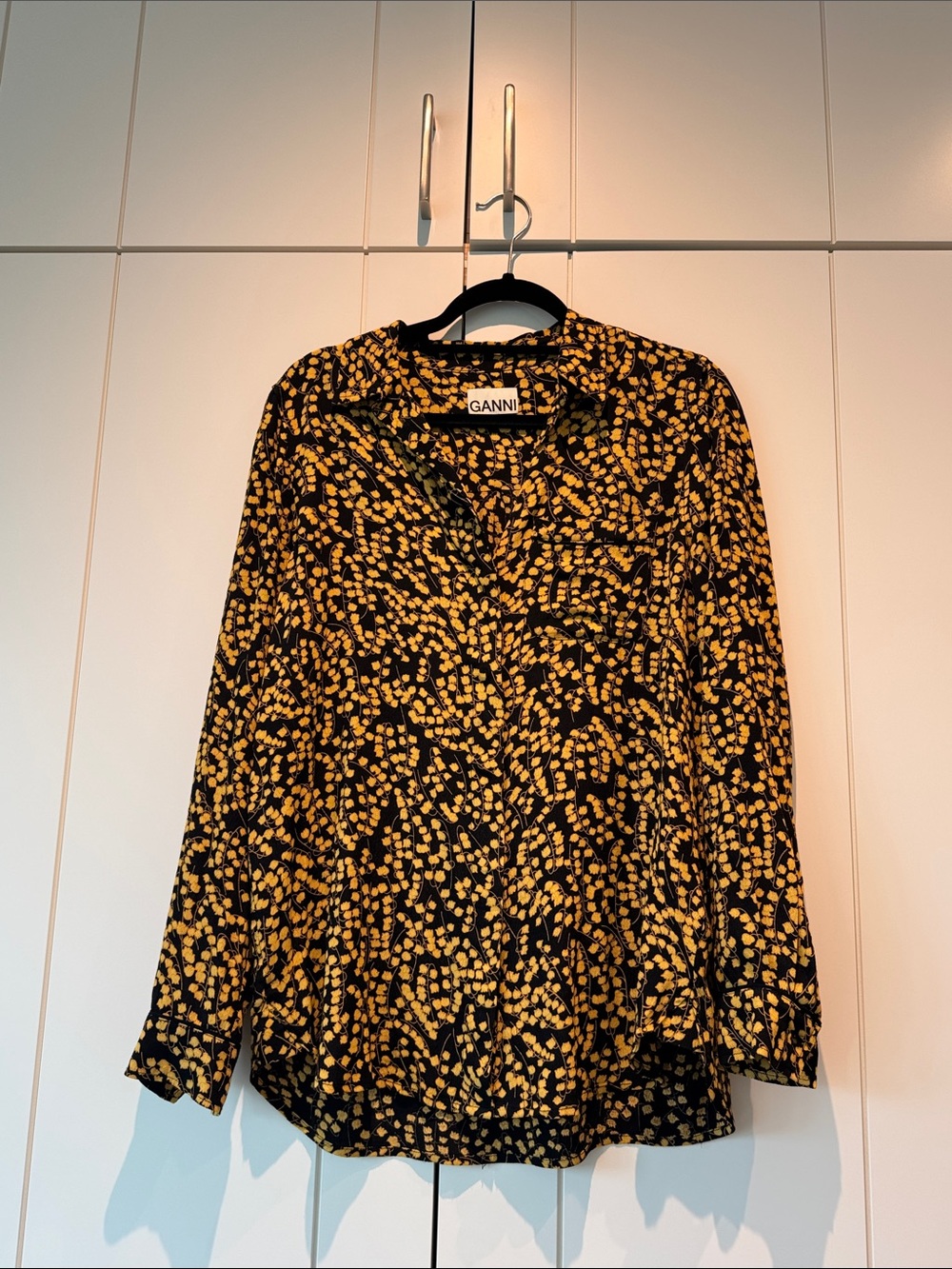 Ganni Black Shirt with Yellow Spot Print